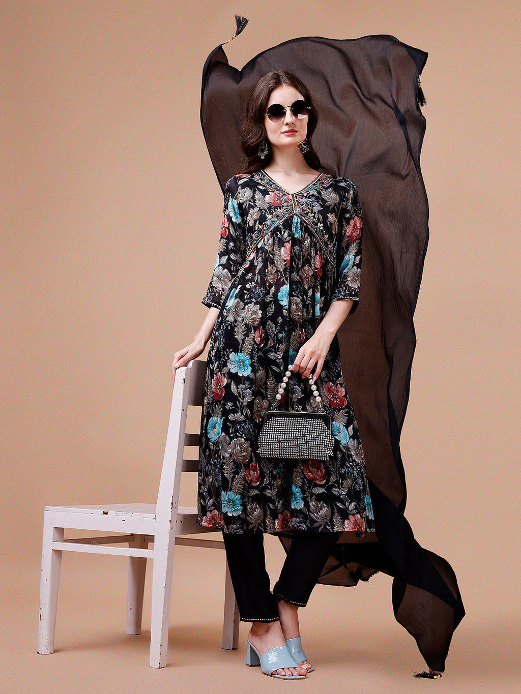 Multicolor Alia Cut Hand Embroidered Floral Kurta Set with Dupatta