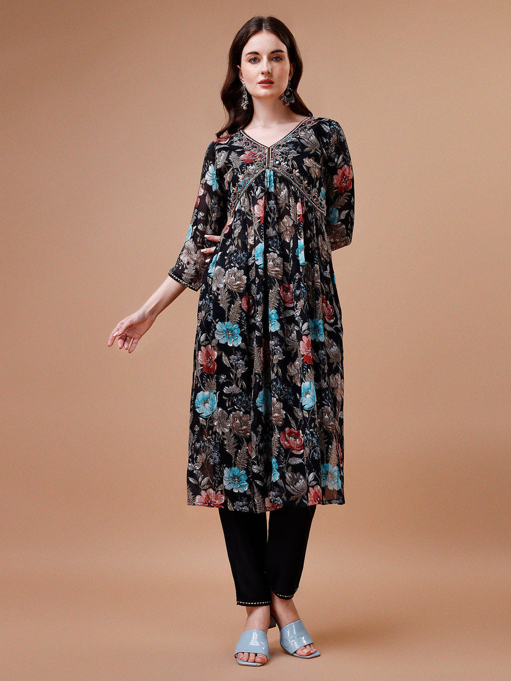 Multicolor Alia Cut Hand Embroidered Floral Kurta Set with Dupatta