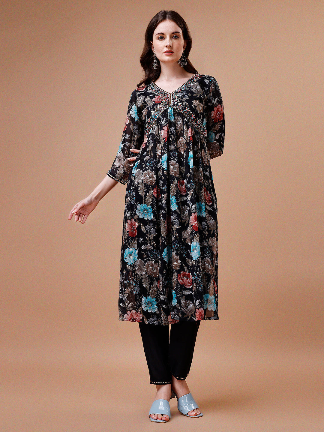 Multicolor Alia Cut Hand Embroidered Floral Kurta Set with Dupatta