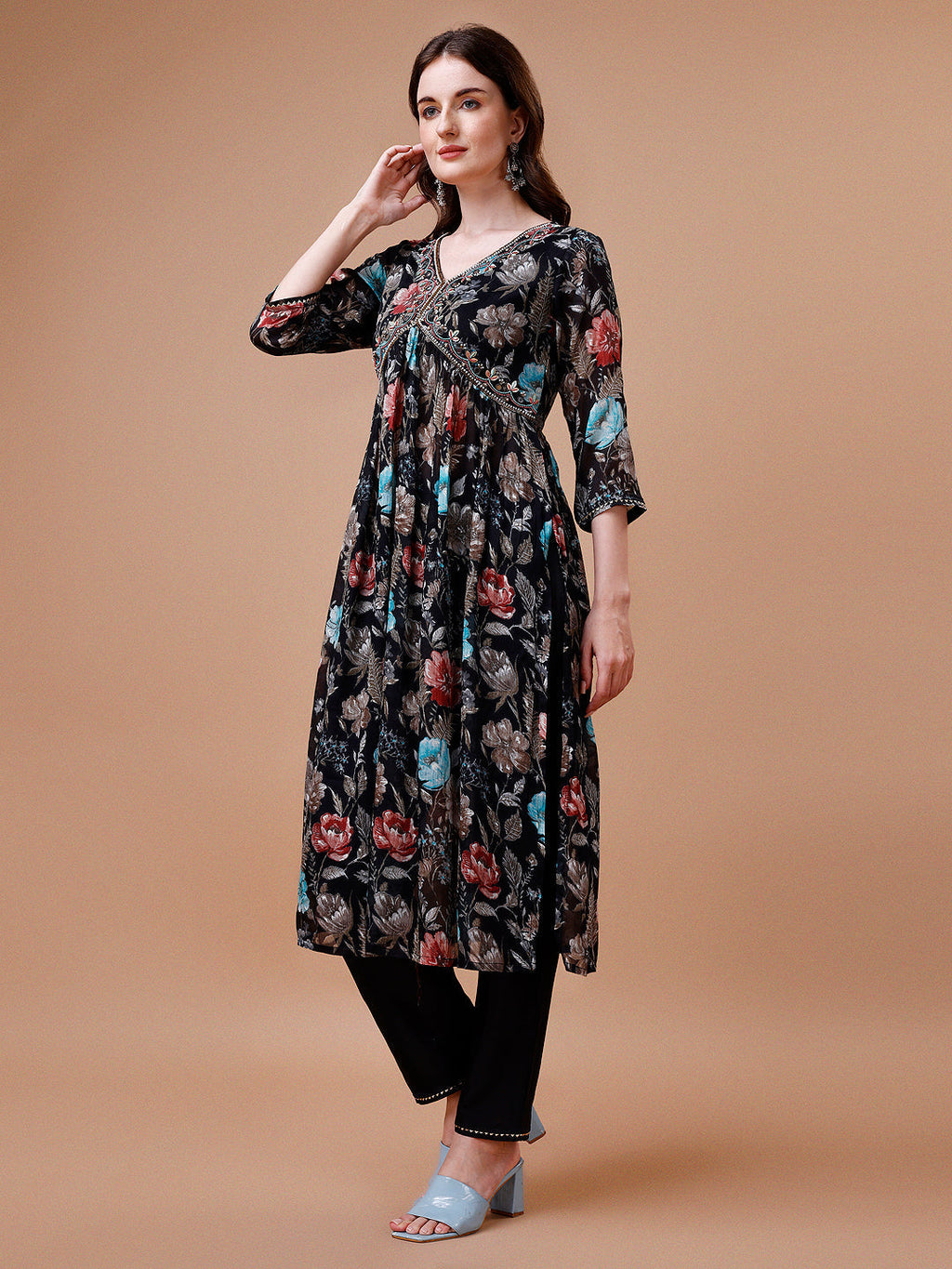 Multicolor Alia Cut Hand Embroidered Floral Kurta Set with Dupatta
