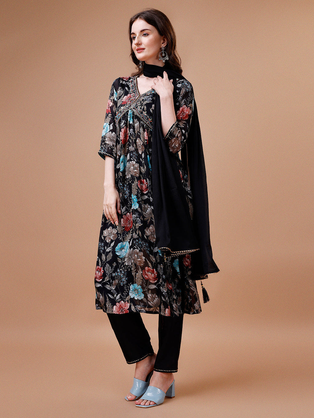 Multicolor Alia Cut Hand Embroidered Floral Kurta Set with Dupatta