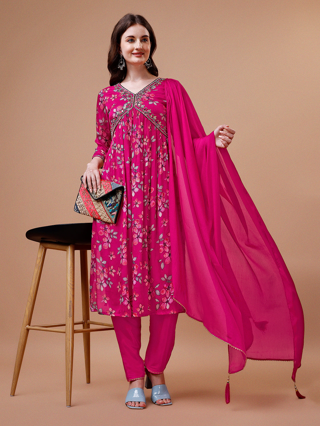 Alia Cut Floral Print Rayon Kurta Set with Pant & Dupatta