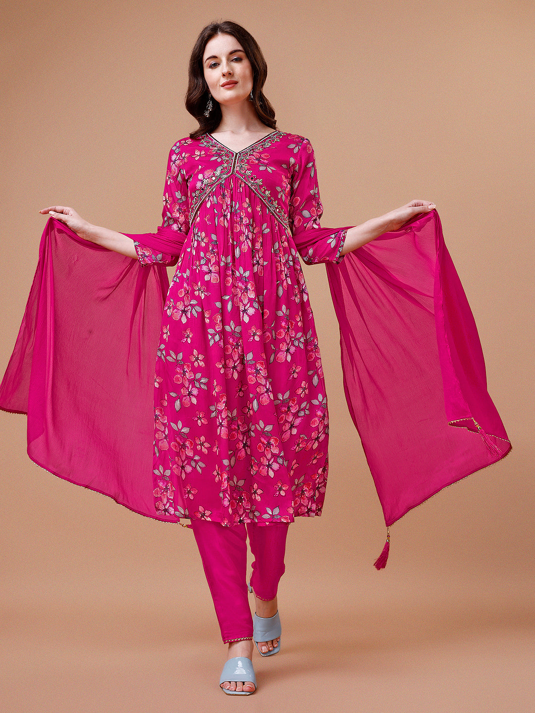 Multicolor Alia cut floral print kurta set with matching pants and dupatta