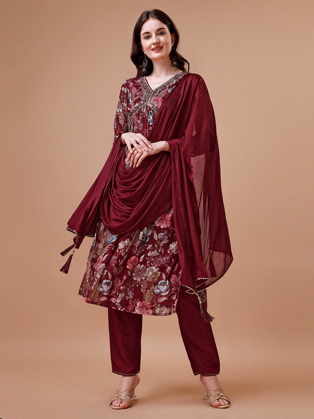 Multicolor Alia cut floral print kurta set with matching pants and dupatta