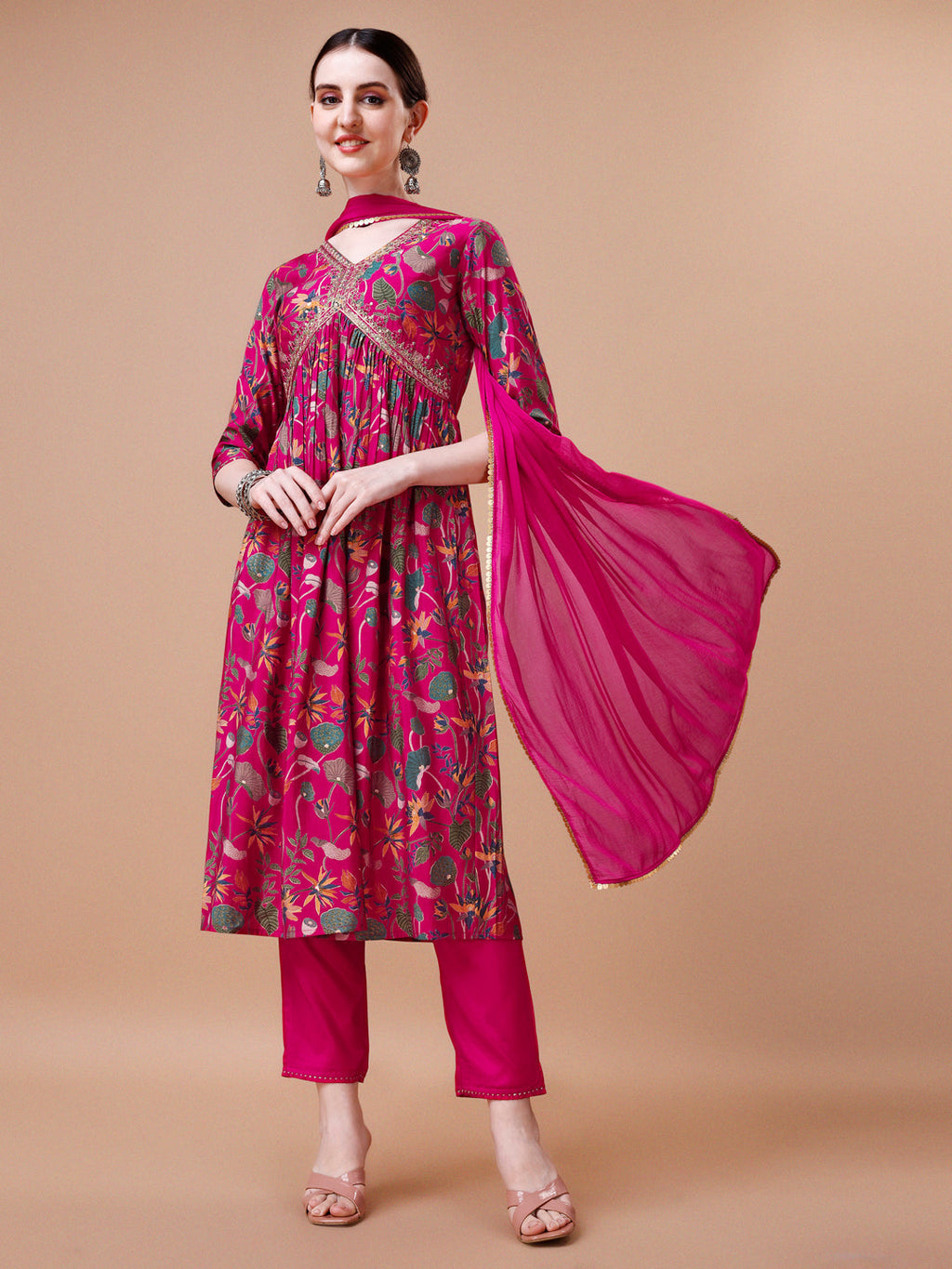 Alia cut multicolor floral printed kurta with embroidery, pants, and dupatta