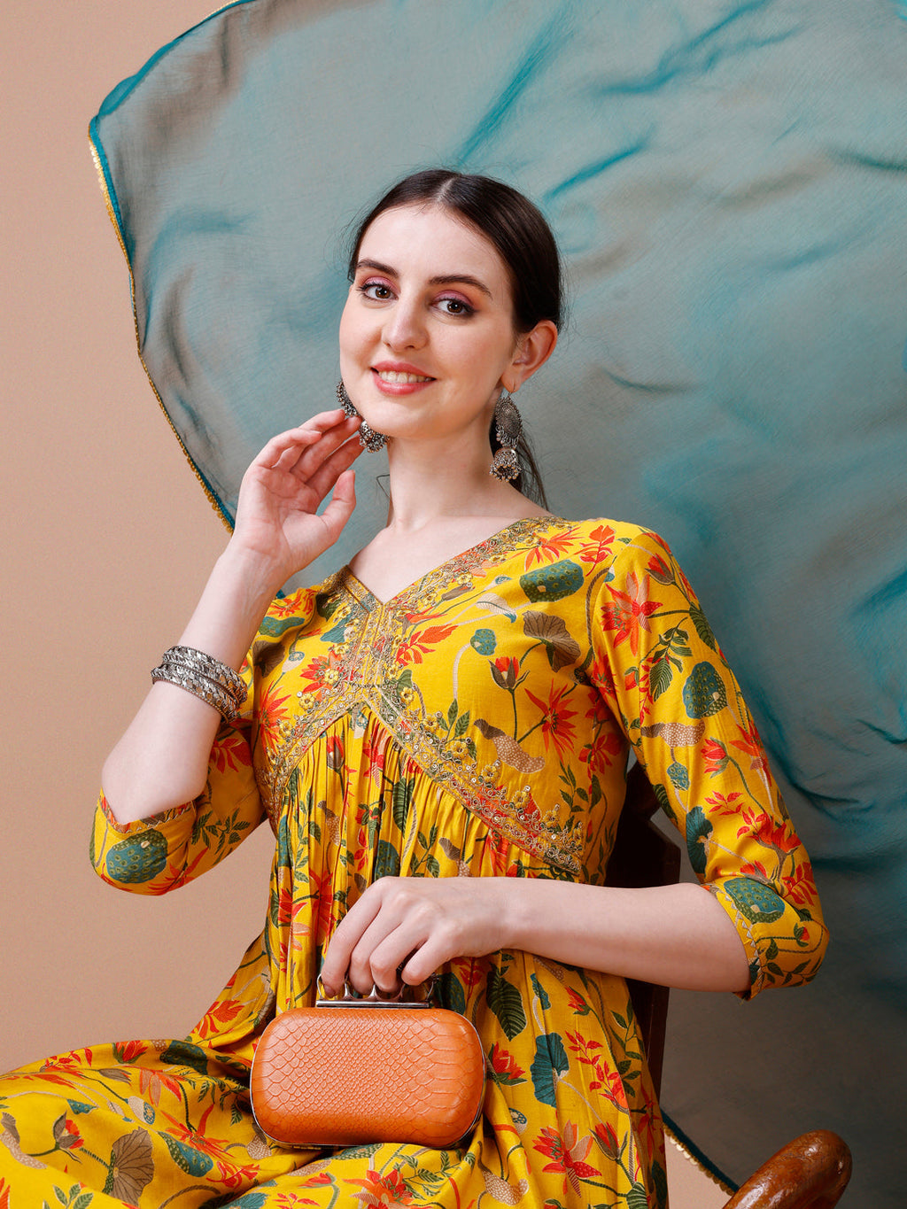Alia Cut Embroidered & Floral Printed Kurta Set, Multicolor