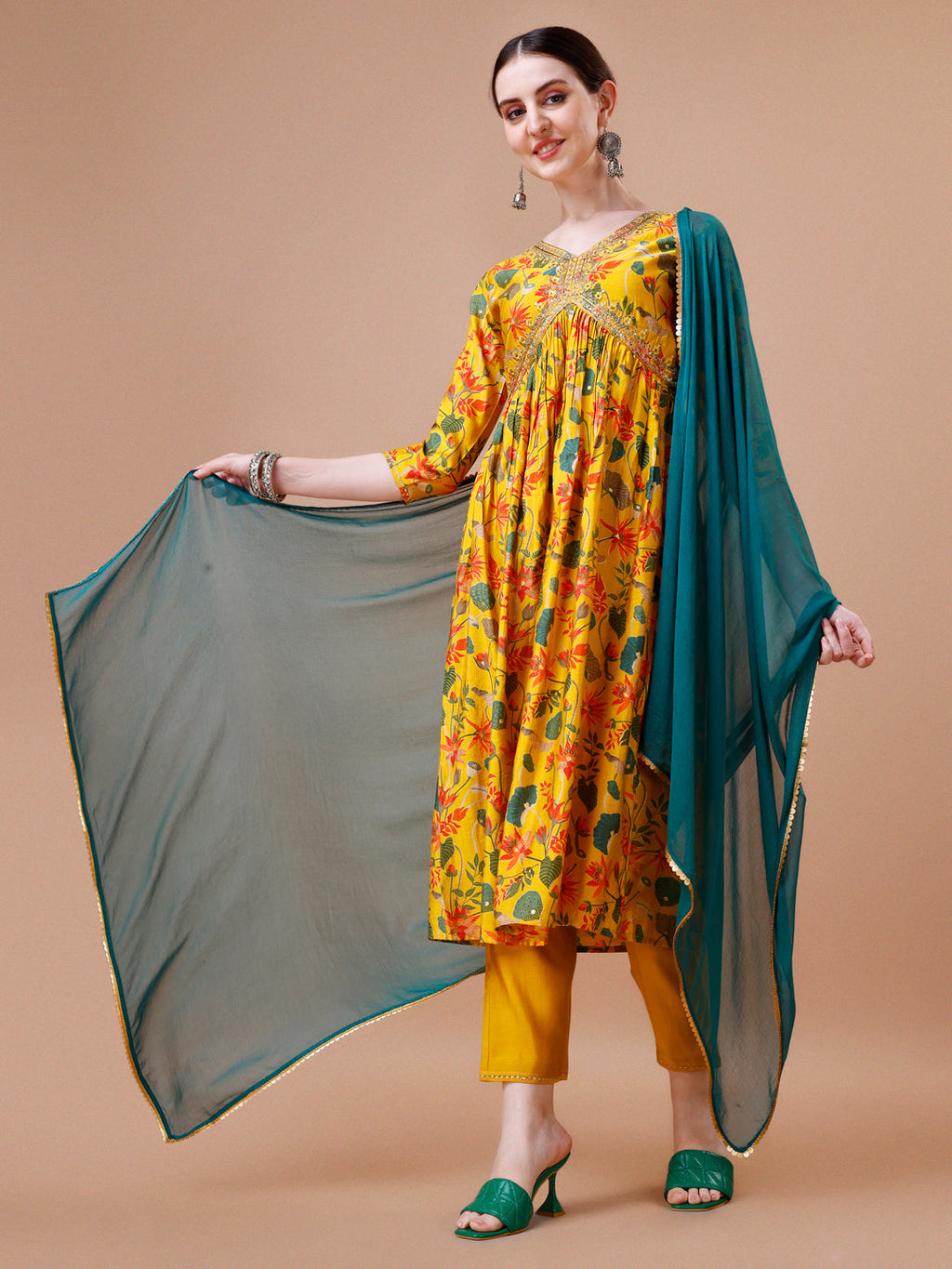 Multicolor Alia cut kurta with floral print and embroidery, including pant and dupatta