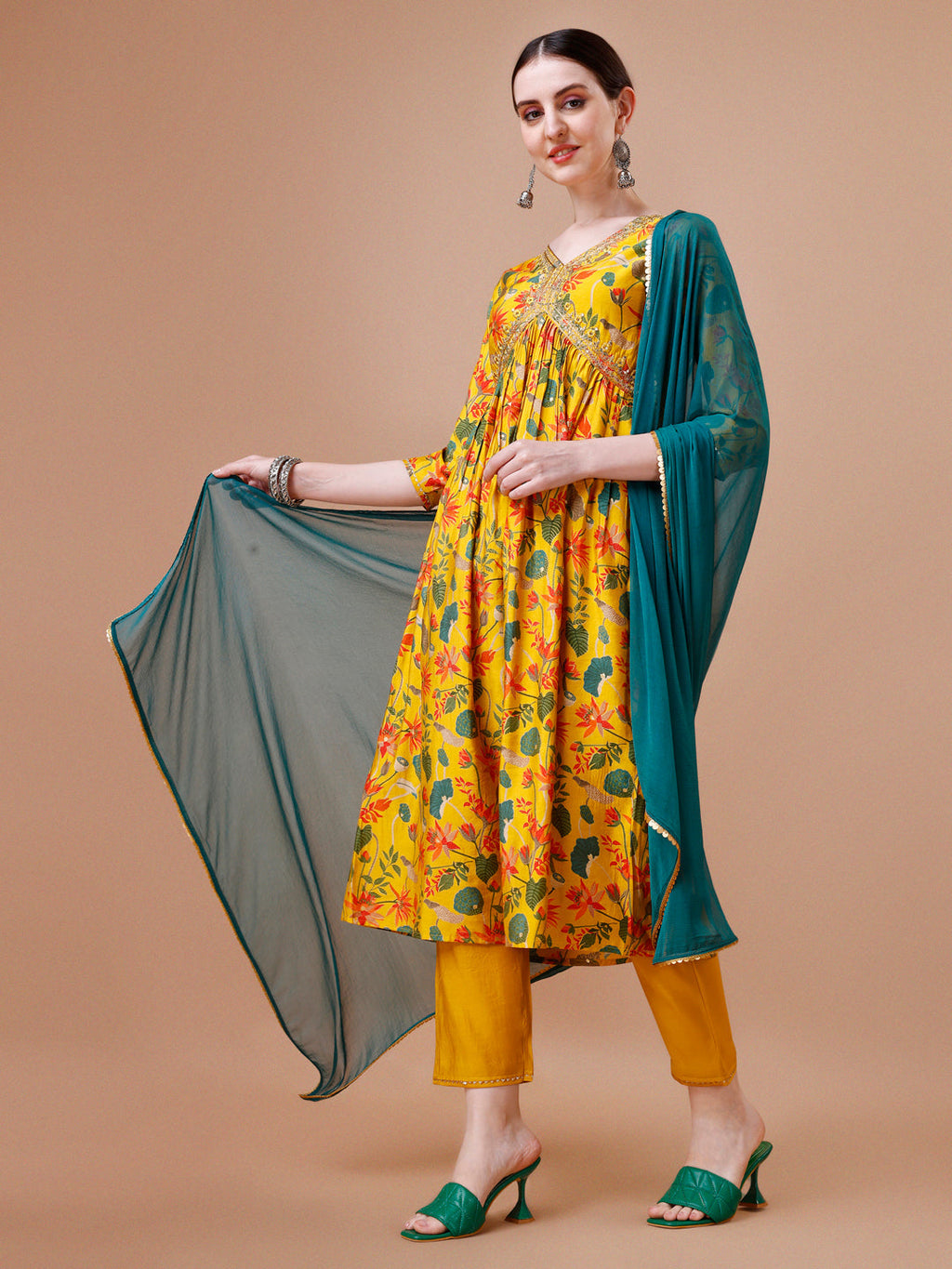 Alia Cut Embroidered & Floral Printed Kurta Set, Multicolor