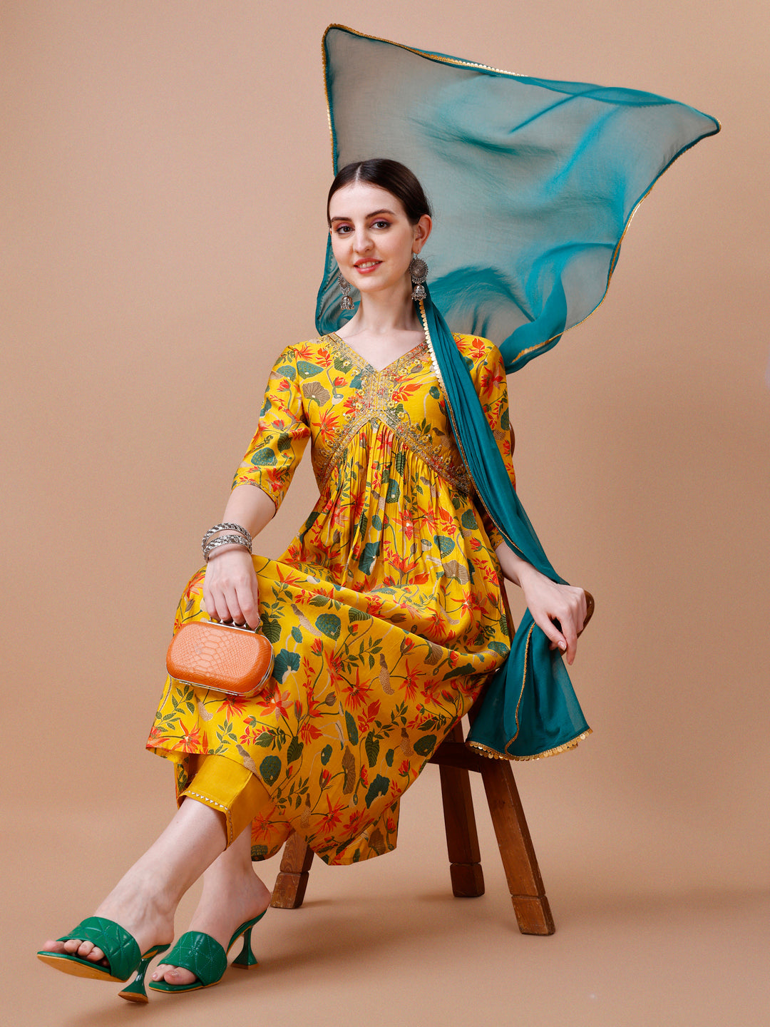 Alia Cut Embroidered & Floral Printed Kurta Set, Multicolor