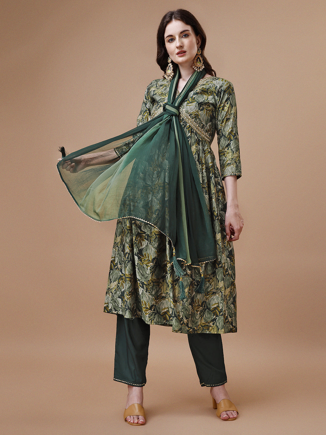 Multicolor Alia cut printed and embroidered kurta set with matching pants and dupatta.