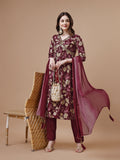 Multicolor Alia Cut kurta with embroidery, matching pants, and dupatta.