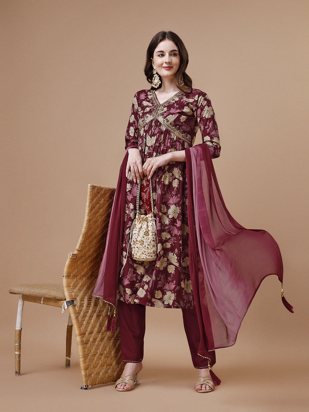 Multicolor Alia Cut kurta with embroidery, matching pants, and dupatta.