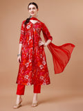 Multicolor Alia cut floral printed kurta with embroidery paired with pant and dupatta