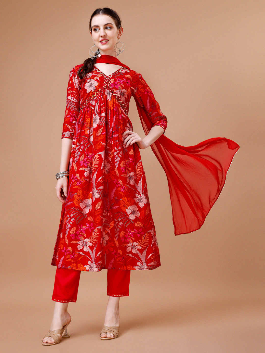 Multicolor Alia cut floral printed kurta with embroidery paired with pant and dupatta