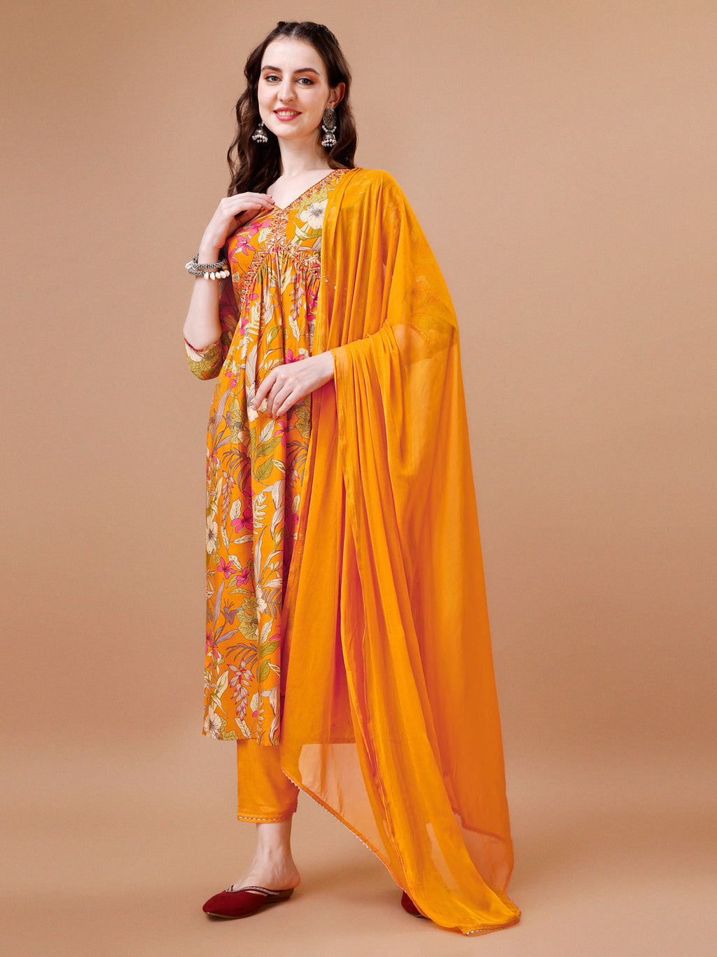 Multicolor Alia cut floral printed kurta with embroidery, matching pants, and dupatta.