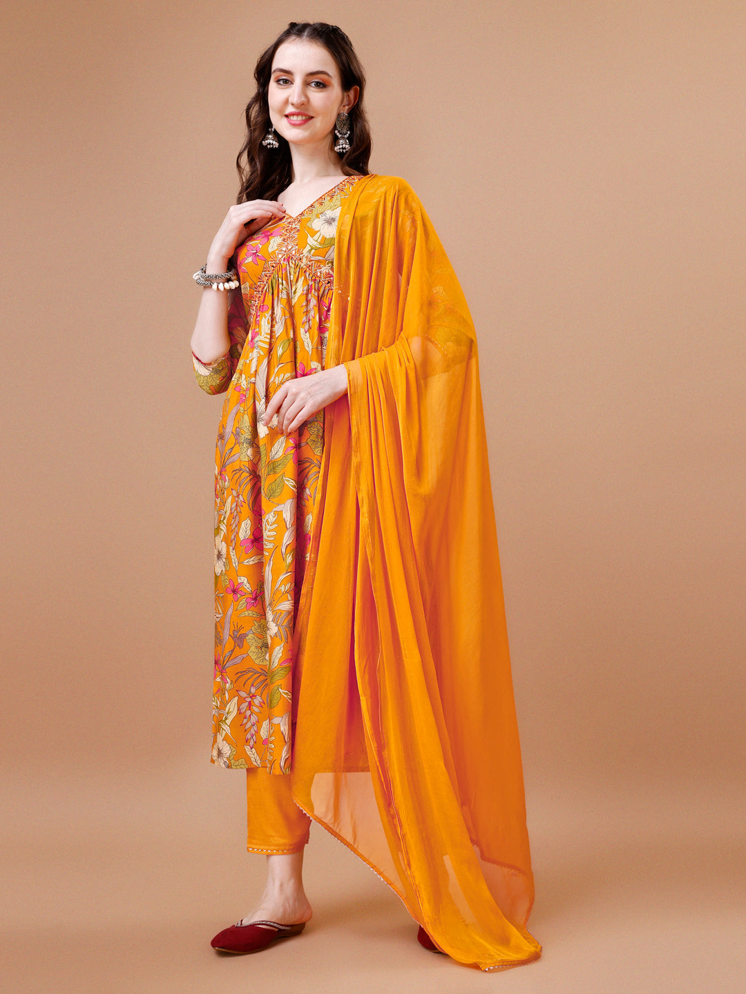 Multicolor Alia cut floral printed kurta with embroidery, matching pants, and dupatta.