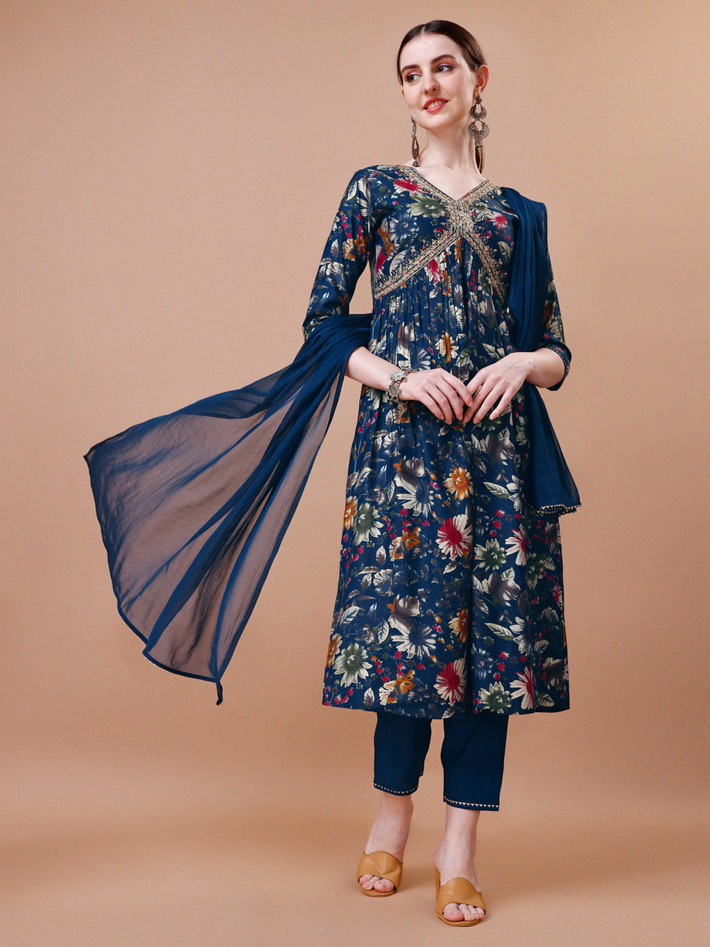 Multicolor Alia cut floral printed kurta set with matching pant and dupatta