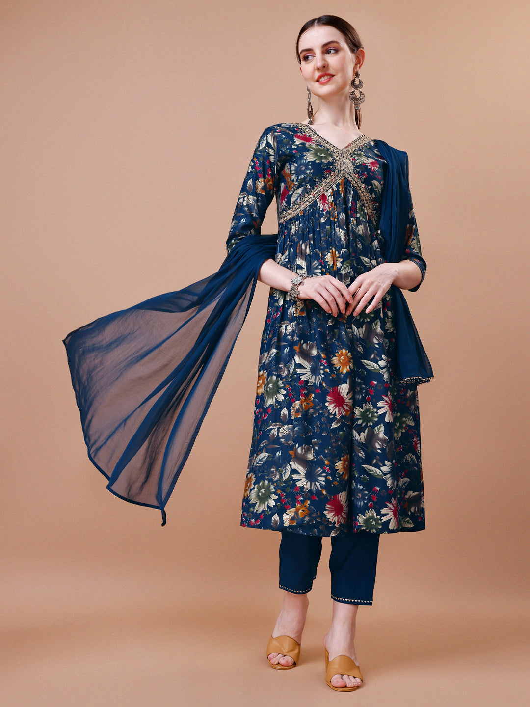 Multicolor Alia cut floral printed kurta set with matching pant and dupatta