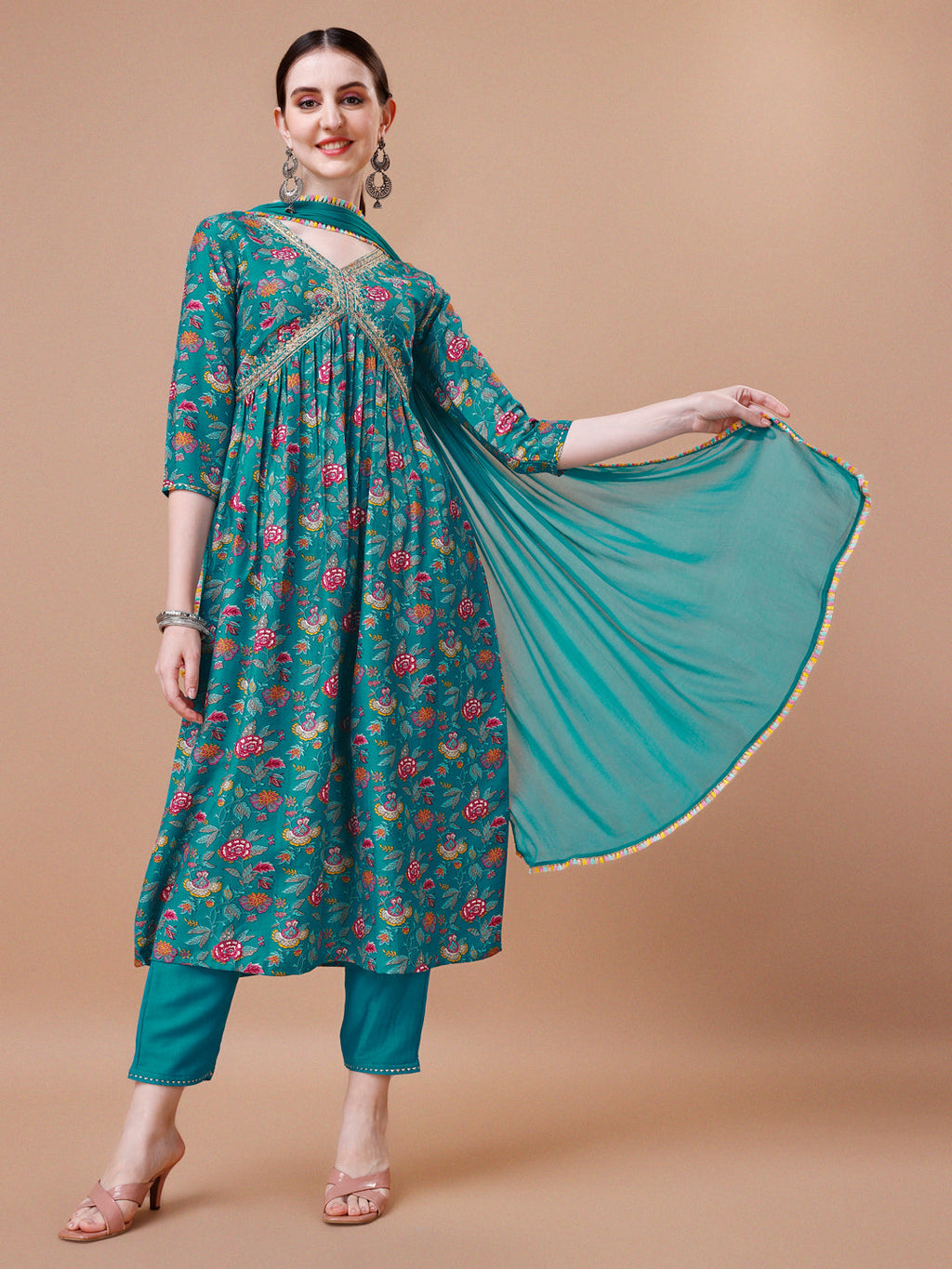 Multicolor Alia Cut embroidered floral kurta set with matching pant and dupatta