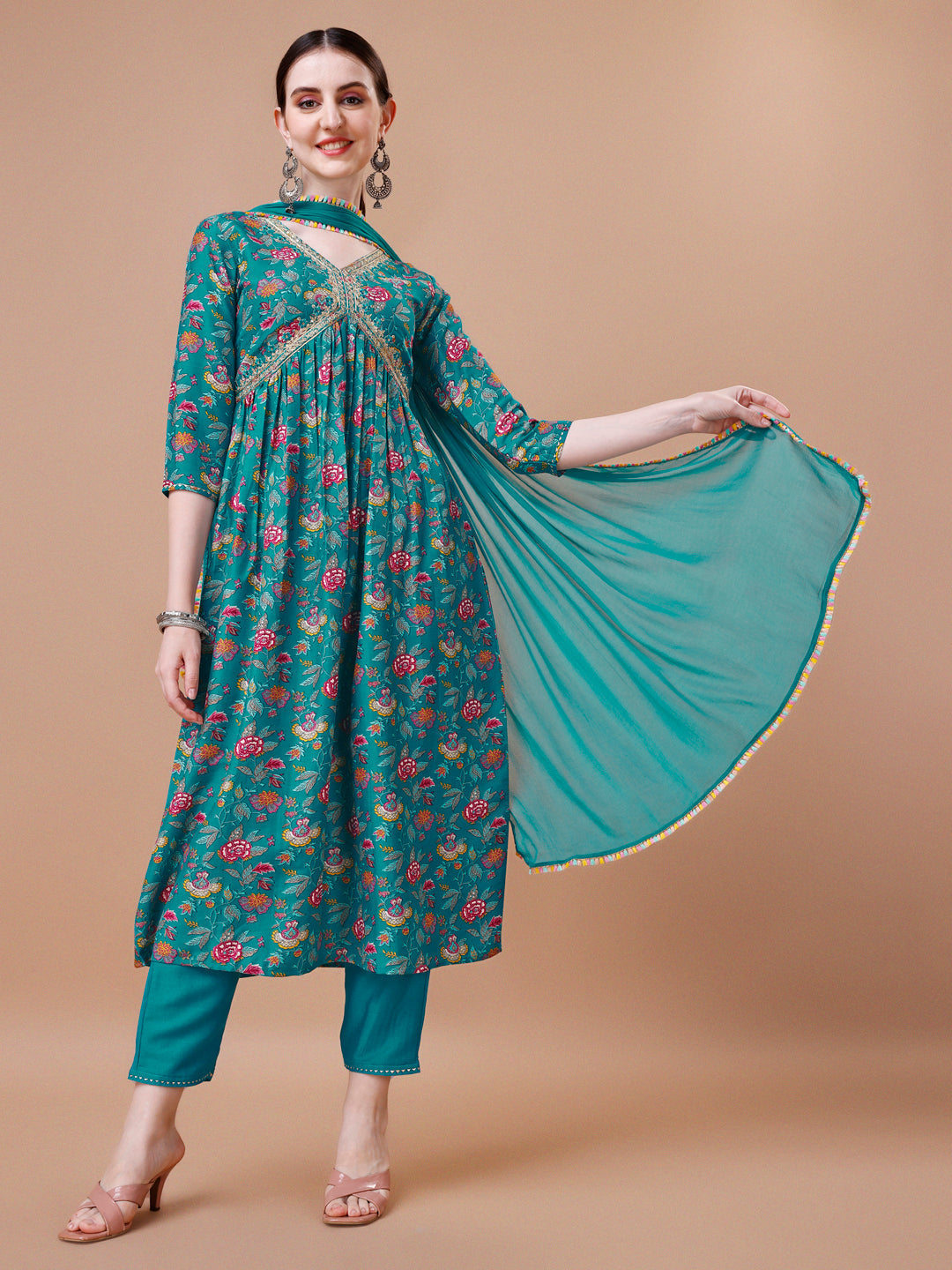 Multicolor Alia Cut embroidered floral kurta set with matching pant and dupatta