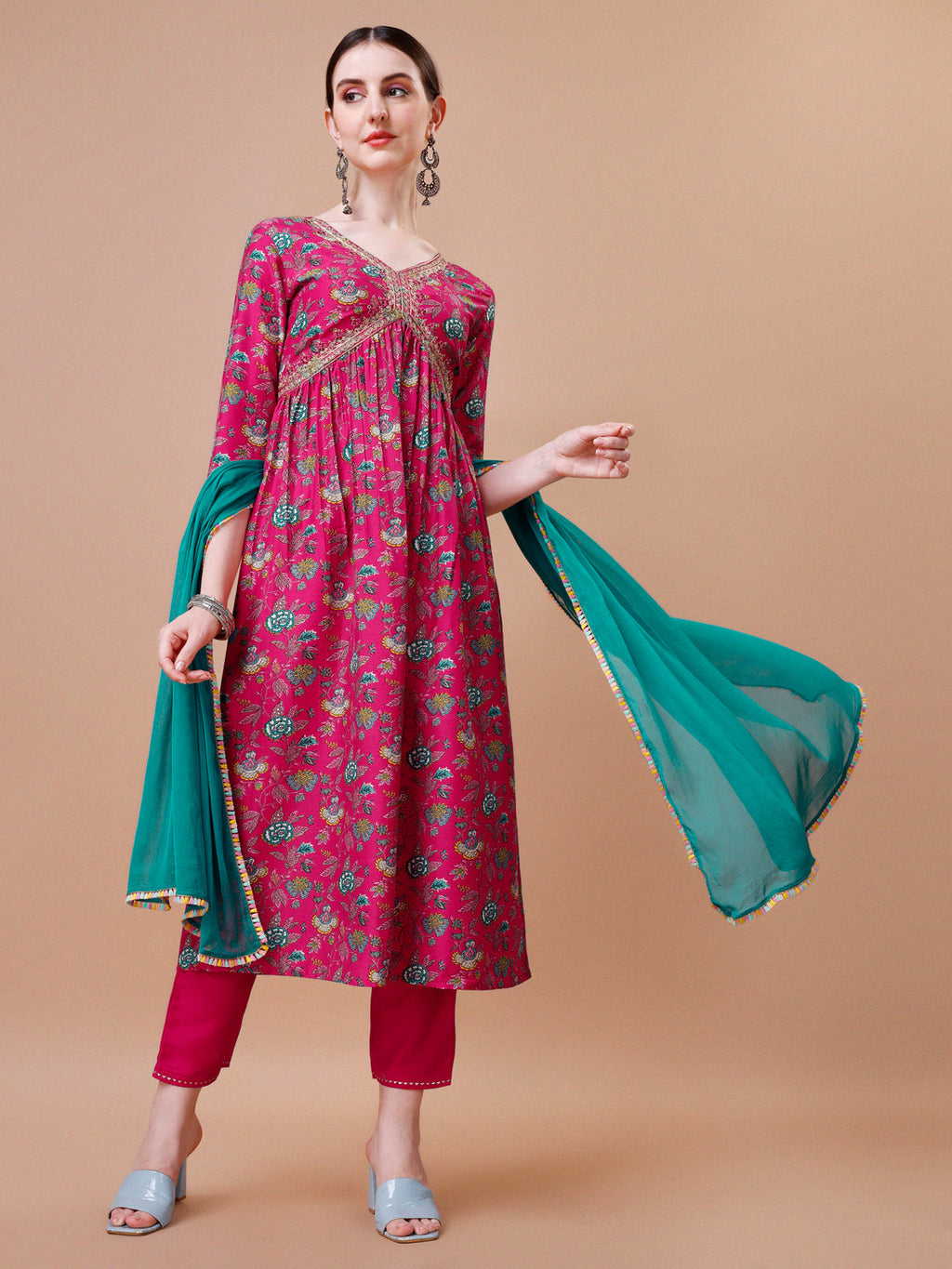 Multicolor Alia-cut kurta set with floral print and embroidery, including matching pants and dupatta.
