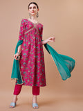 Multicolor Alia-cut kurta set with floral print and embroidery, including matching pants and dupatta.
