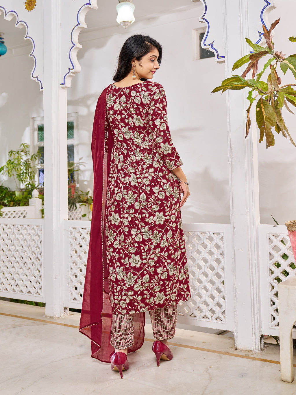 Multicolor Alia Cut Floral Embroidered Kurta Set with Dupatta