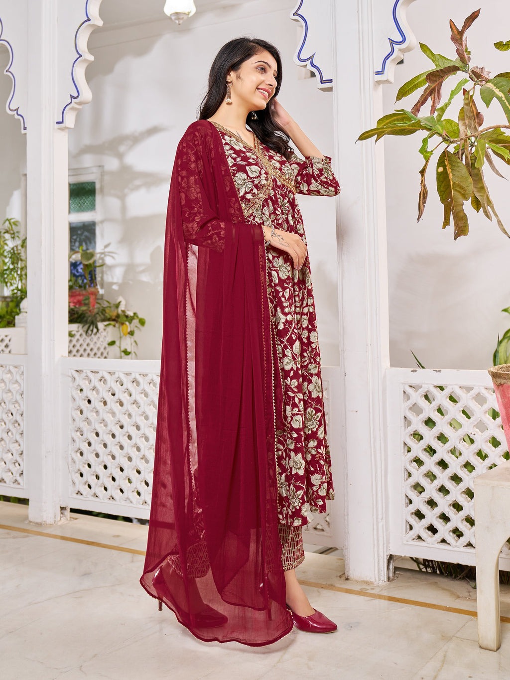 Multicolor Alia Cut Floral Embroidered Kurta Set with Dupatta
