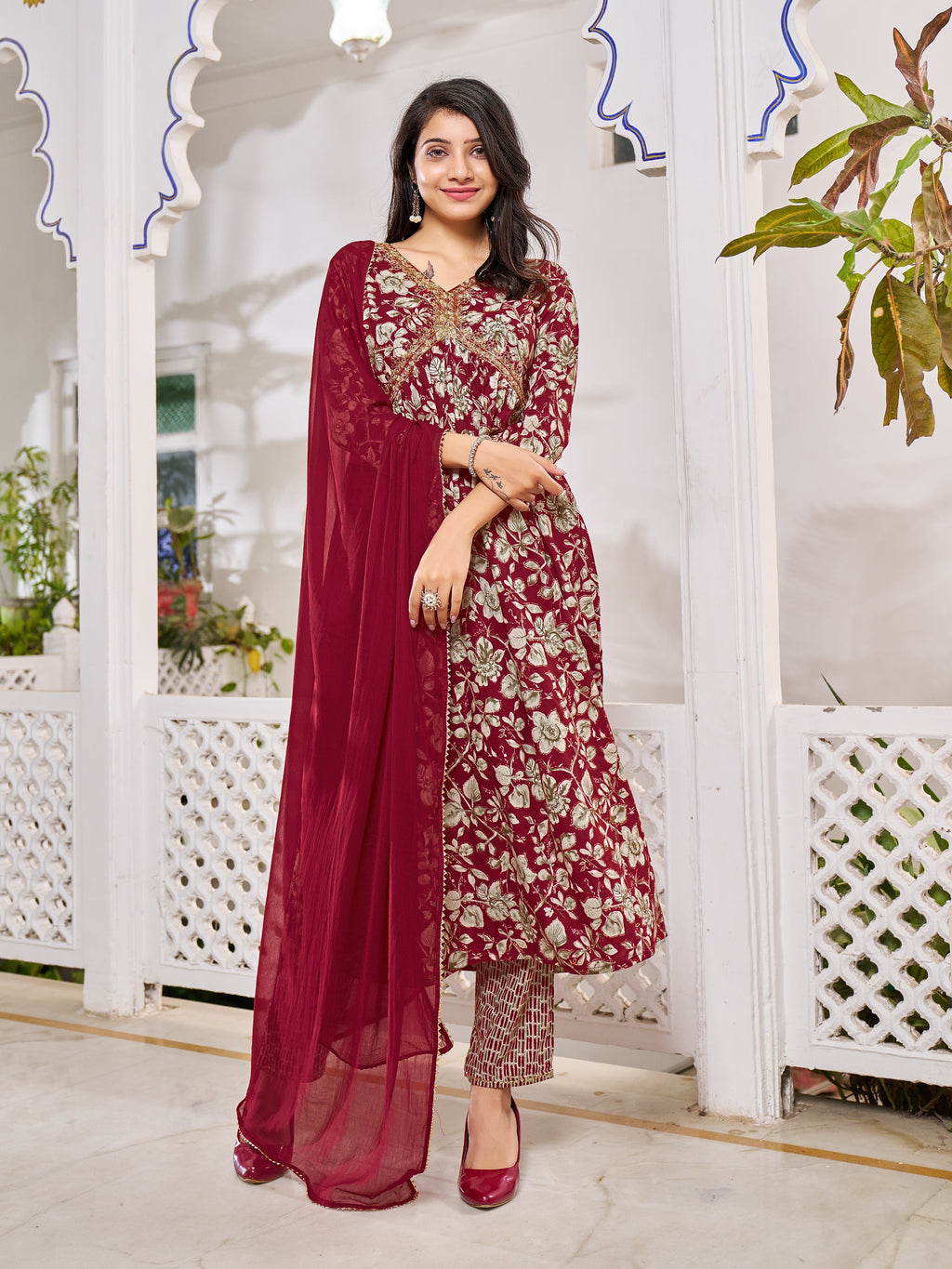Multicolor Alia Cut Floral Embroidered Kurta Set with Dupatta