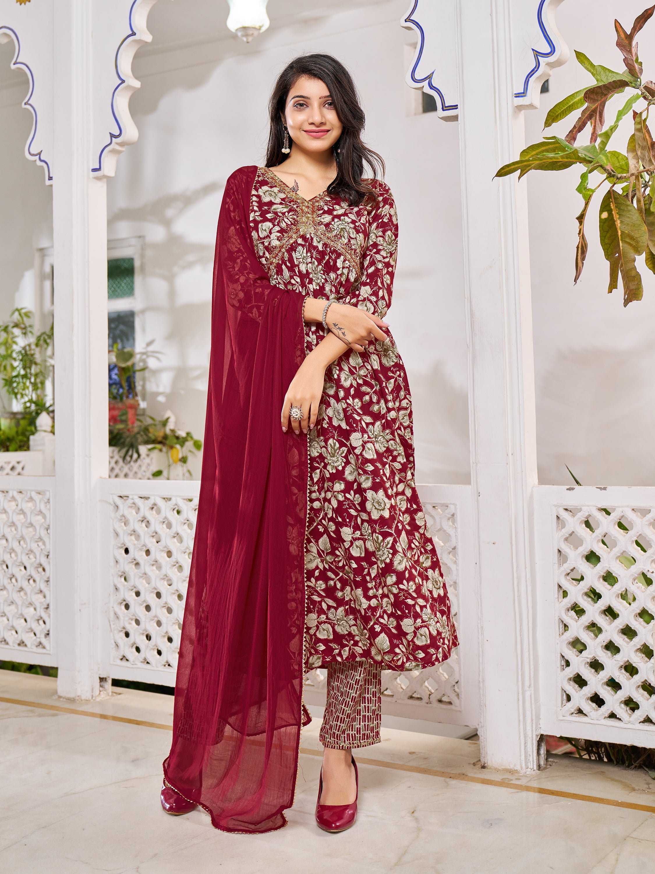 Multicolor Alia Cut Floral Embroidered Kurta Set with Dupatta