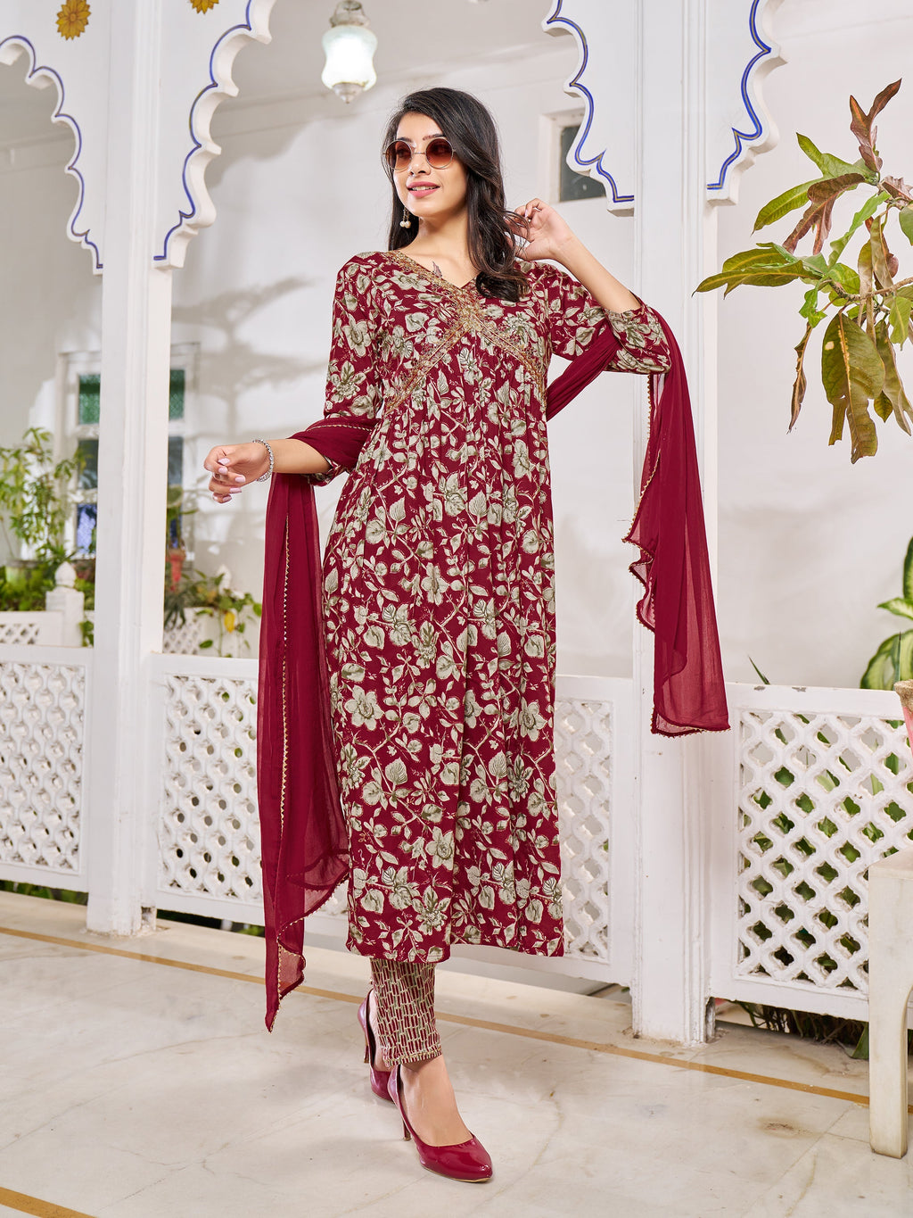 Multicolor Alia cut kurta set with detailed floral embroidery and matching dupatta.