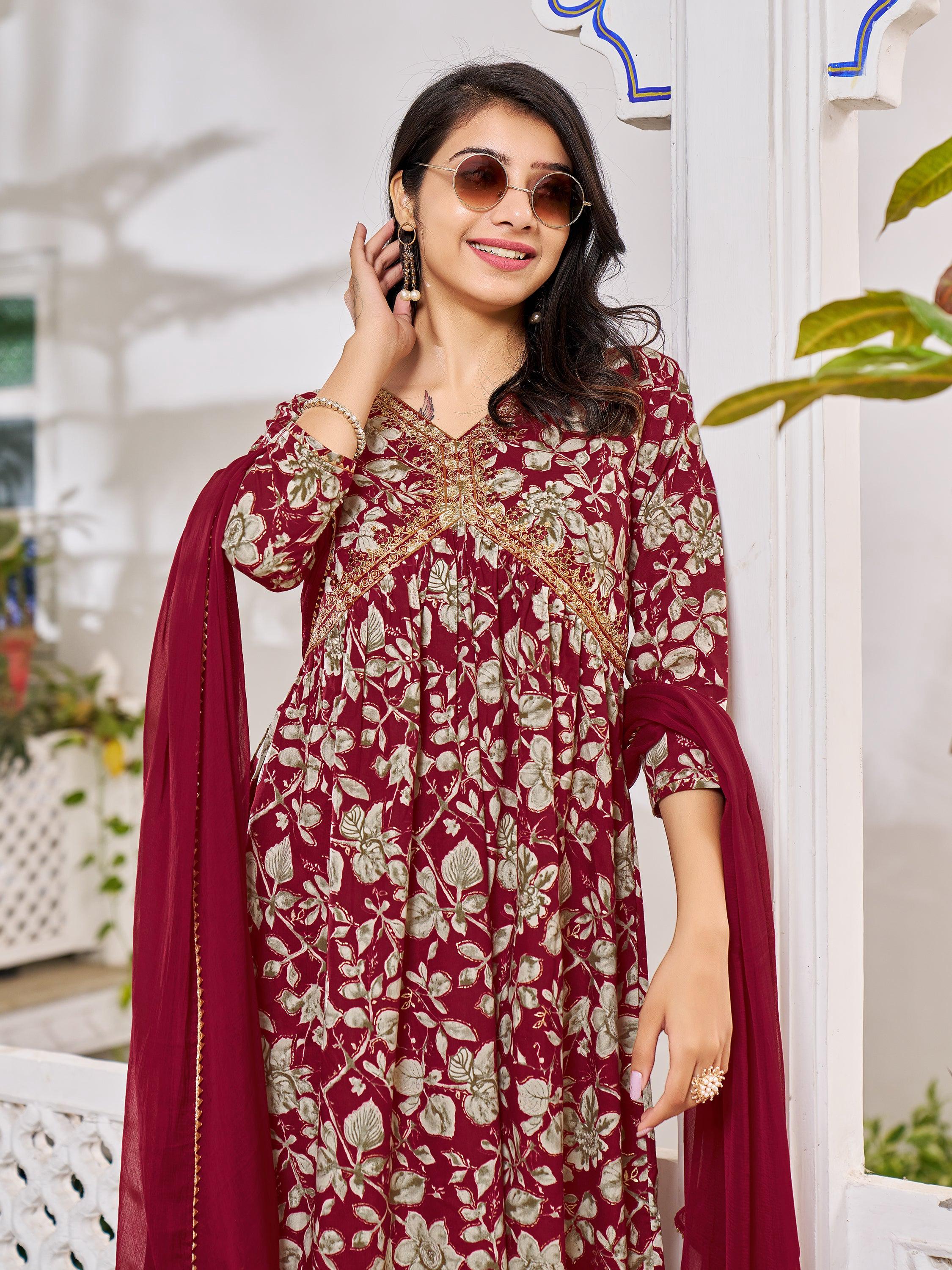 Multicolor Alia Cut Floral Embroidered Kurta Set with Dupatta