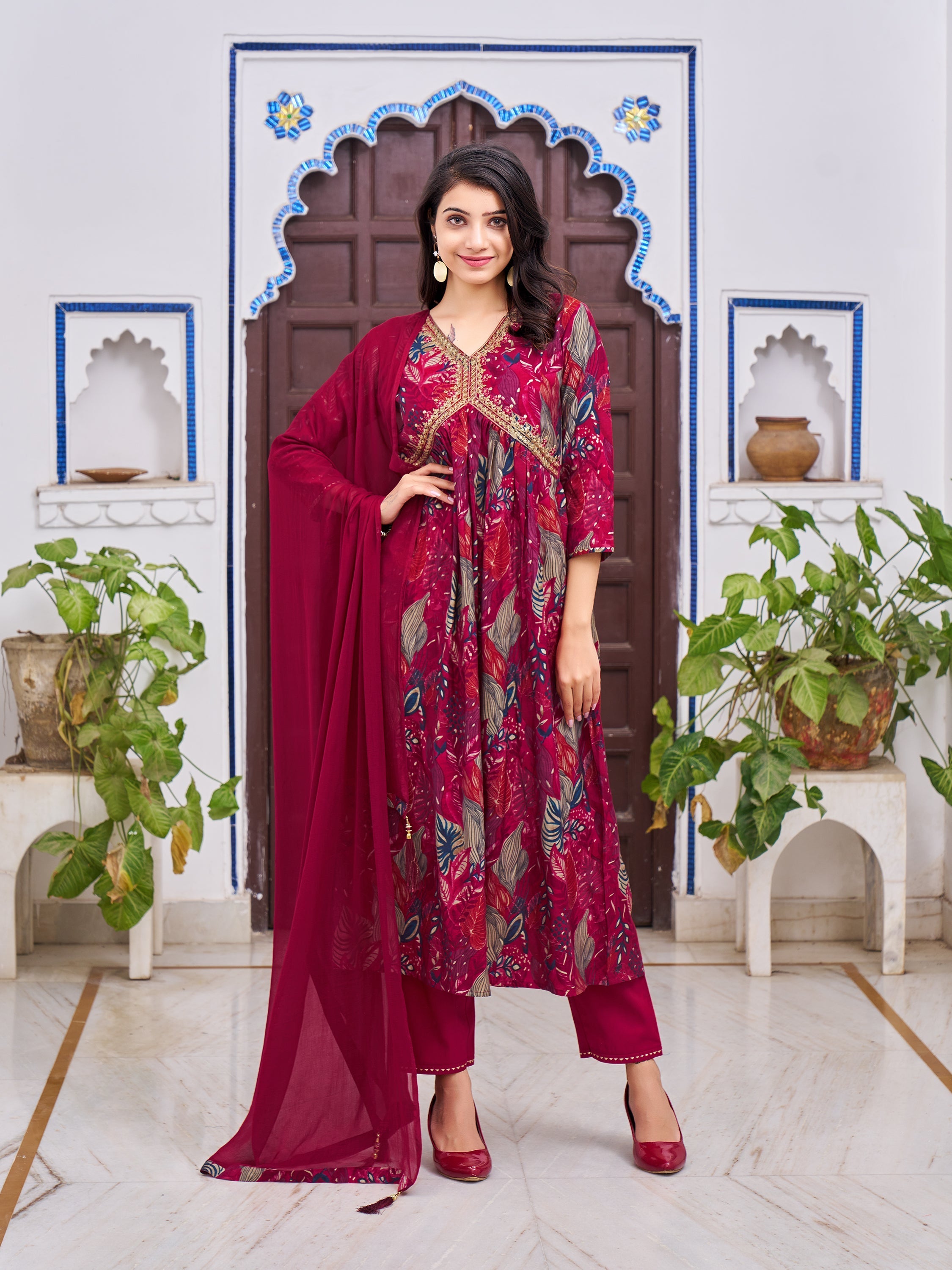 Multicolor floral print Alia cut kurta with embroidery and matching dupatta