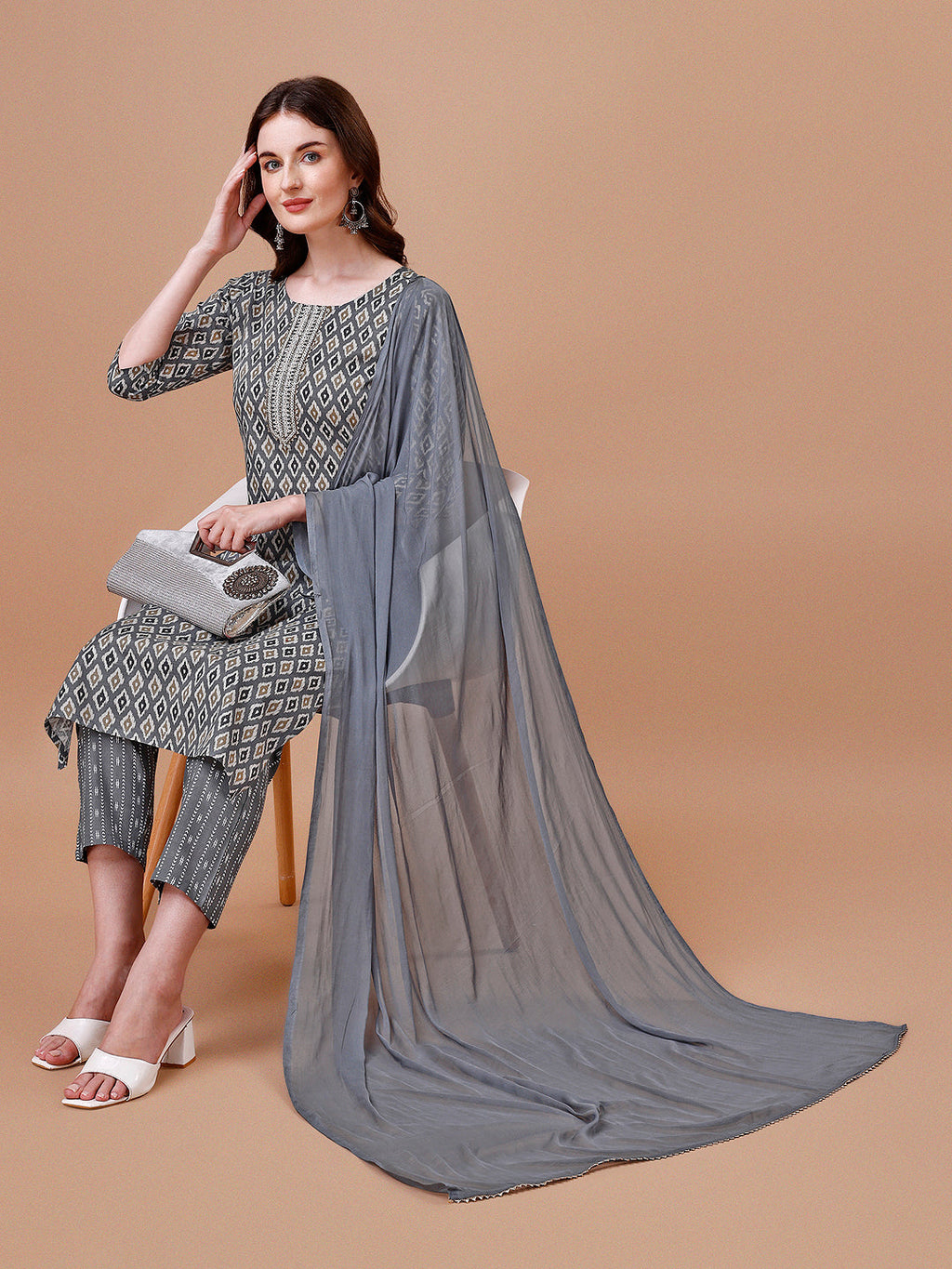 Multicolor Ethnic Motif Printed Cotton Kurta Set with Dupatta