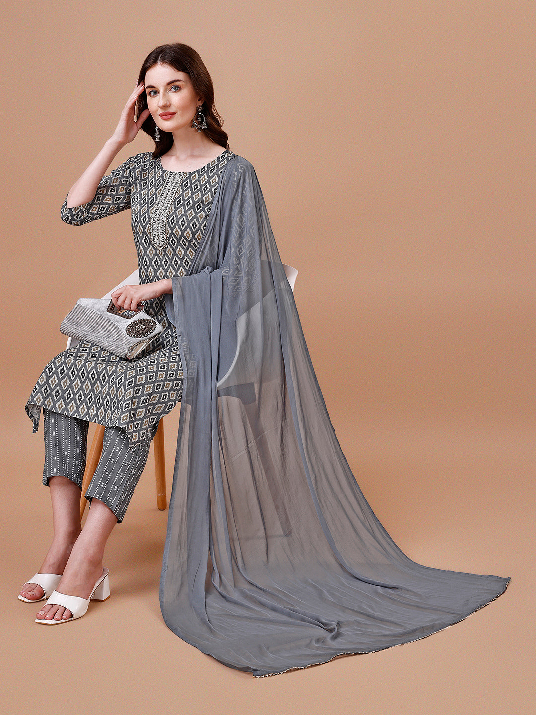 Multicolor Ethnic Motif Printed Cotton Kurta Set with Dupatta