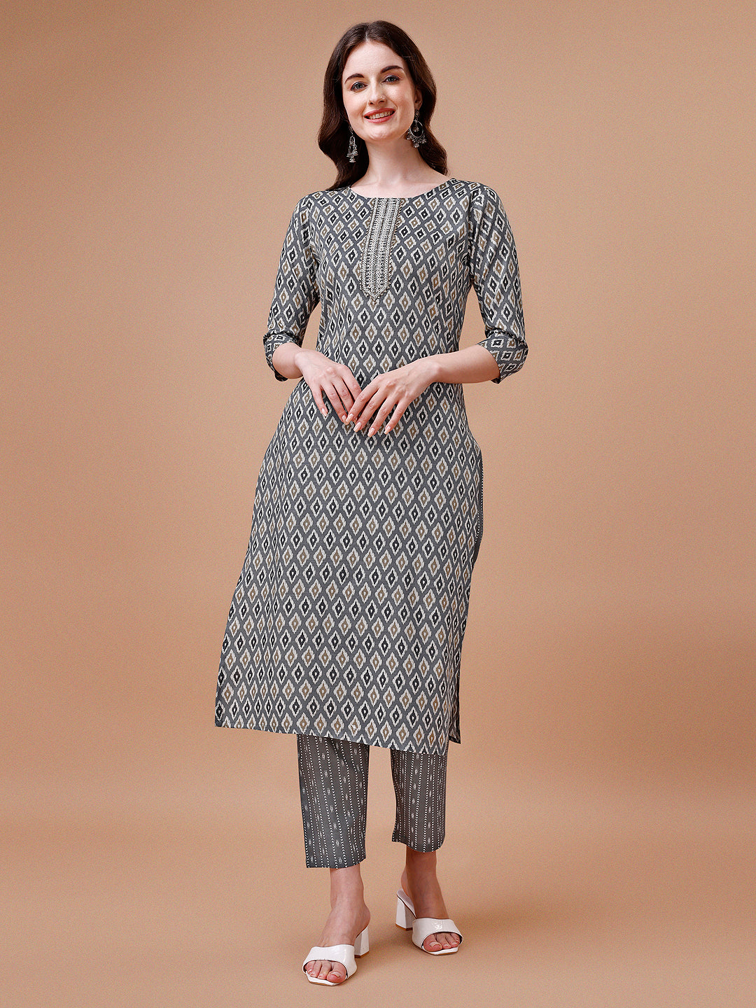 Multicolor Ethnic Motif Printed Cotton Kurta Set with Dupatta