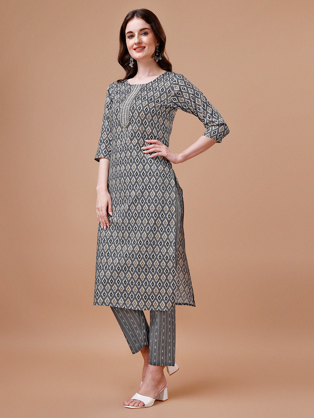 Multicolor Ethnic Motif Printed Cotton Kurta Set with Dupatta