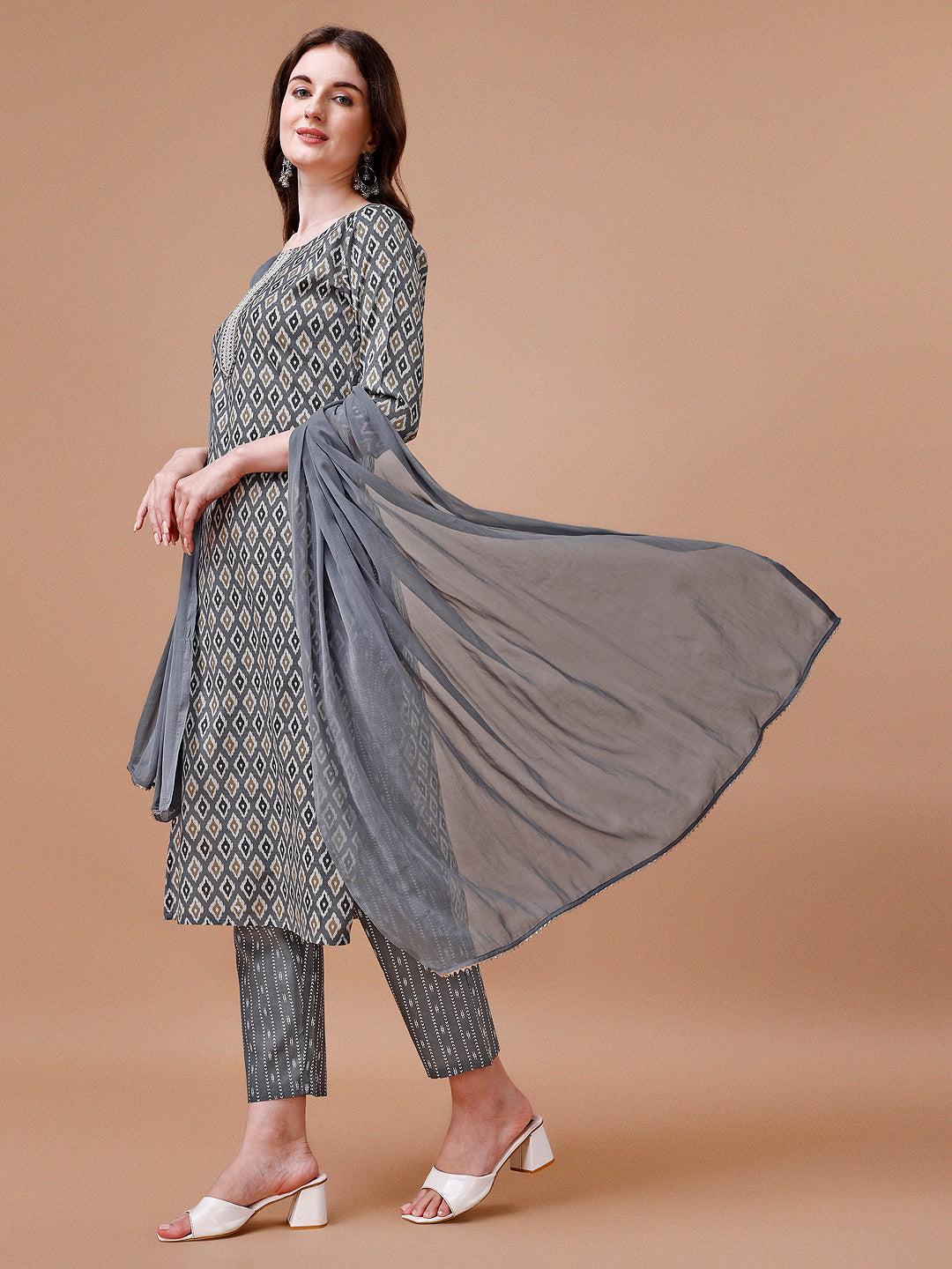 Multicolor Ethnic Motif Printed Cotton Kurta Set with Dupatta