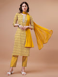Multicolor kurta featuring traditional ethnic motifs, paired with pants and dupatta.