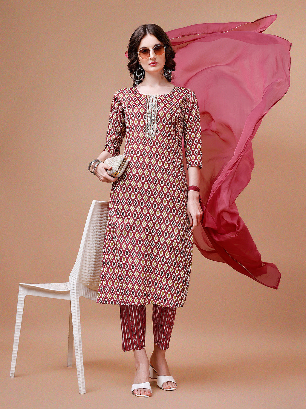 Multicolor Ethnic Motif Printed Cotton Kurta Set with Dupatta