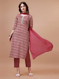Woman wearing a multicolor ethnic motif printed rayon kurta set with pant and dupatta