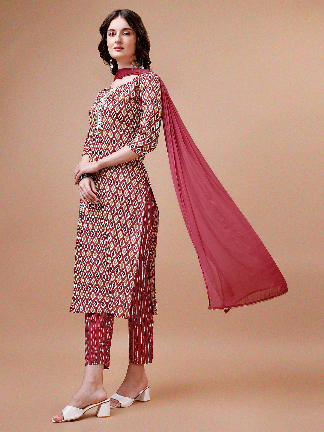 Multicolor Ethnic Motif Printed Cotton Kurta Set with Dupatta