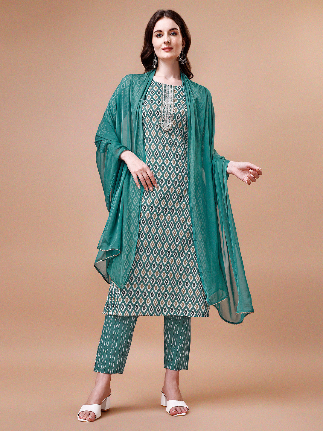 Multicolor ethnic motifs printed rayon kurta set with pants and dupatta