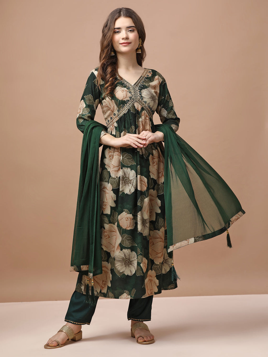 Alia cut floral embroidered rayon kurta set with matching trousers and dupatta