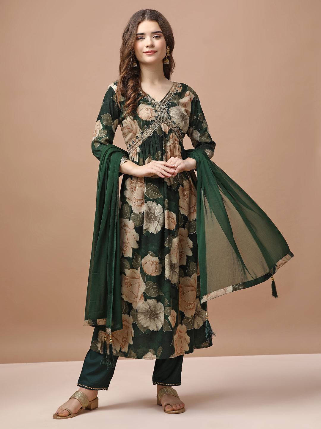 Alia cut floral embroidered rayon kurta set with matching trousers and dupatta
