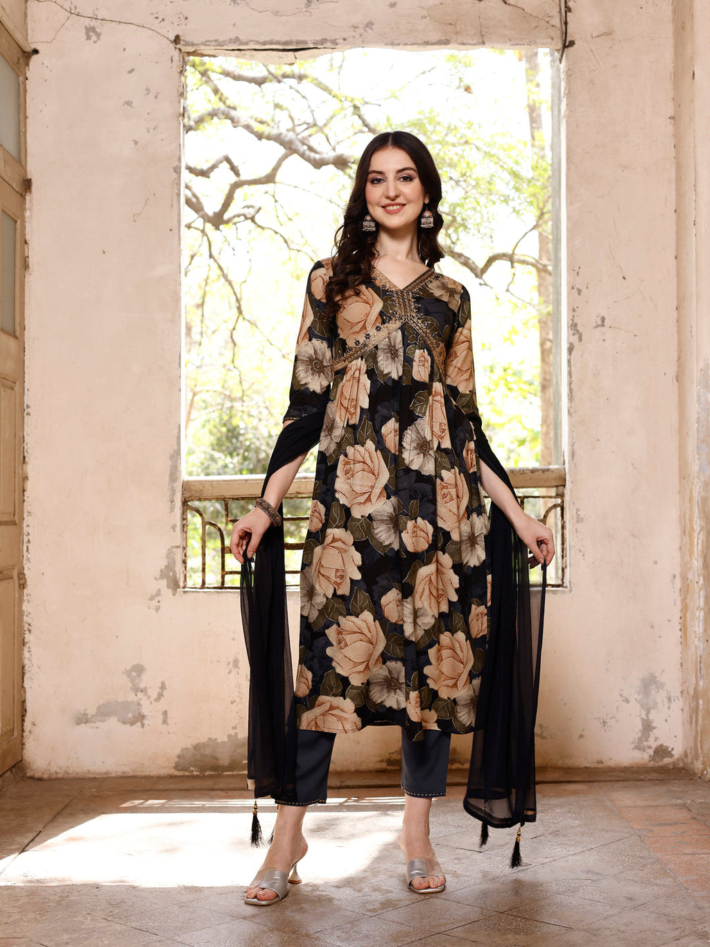 Alia Cut Floral Embroidered Rayon Kurta with Pant & Dupatta Set