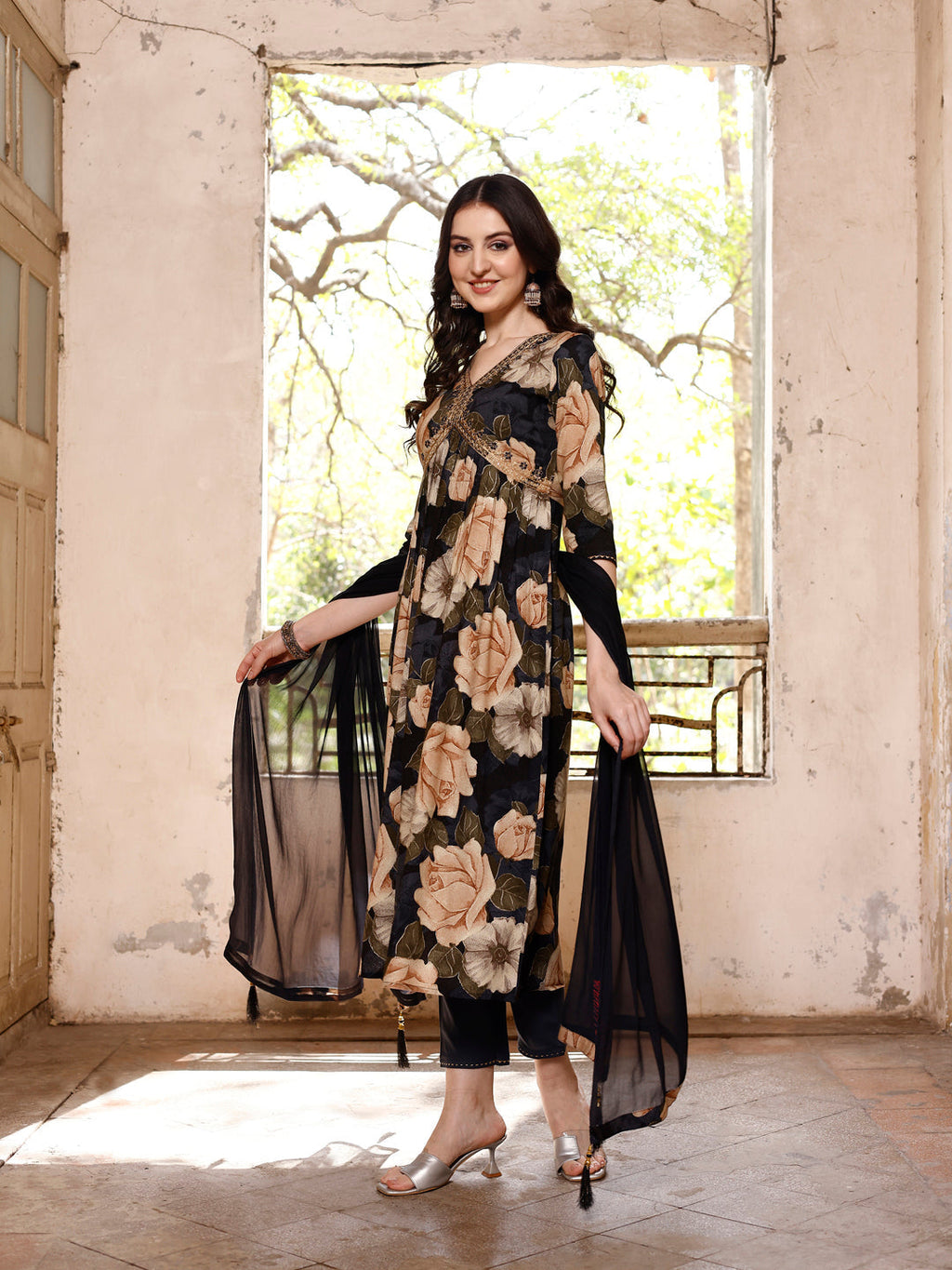 Alia Cut Floral Embroidered Rayon Kurta with Pant & Dupatta Set