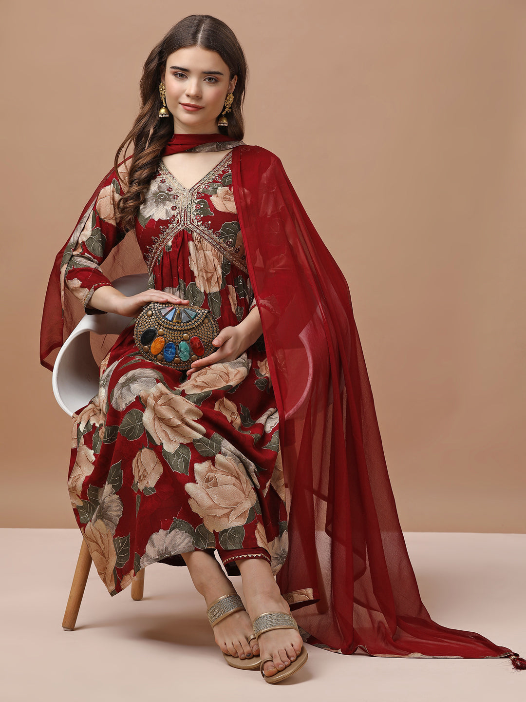 Alia Cut Rayon Embroidered Kurta Set with Floral Print & Dupatta