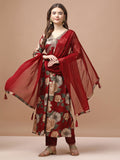 Multicolor Alia cut rayon kurta with floral print and embroidery featuring matching pants and dupatta.