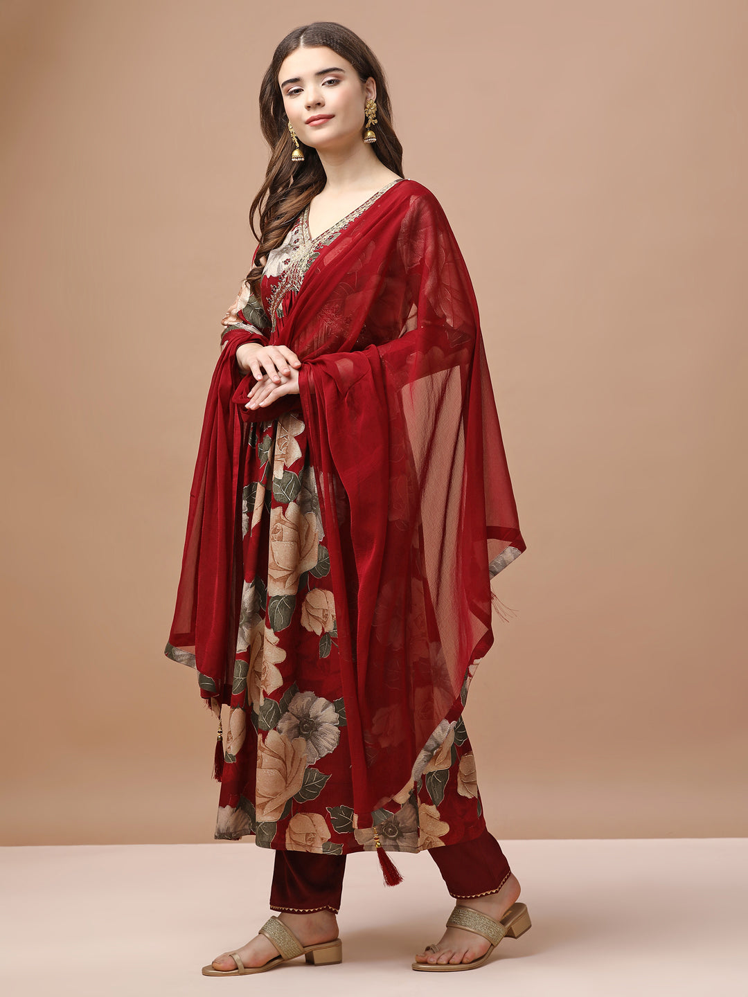Alia Cut Rayon Embroidered Kurta Set with Floral Print & Dupatta